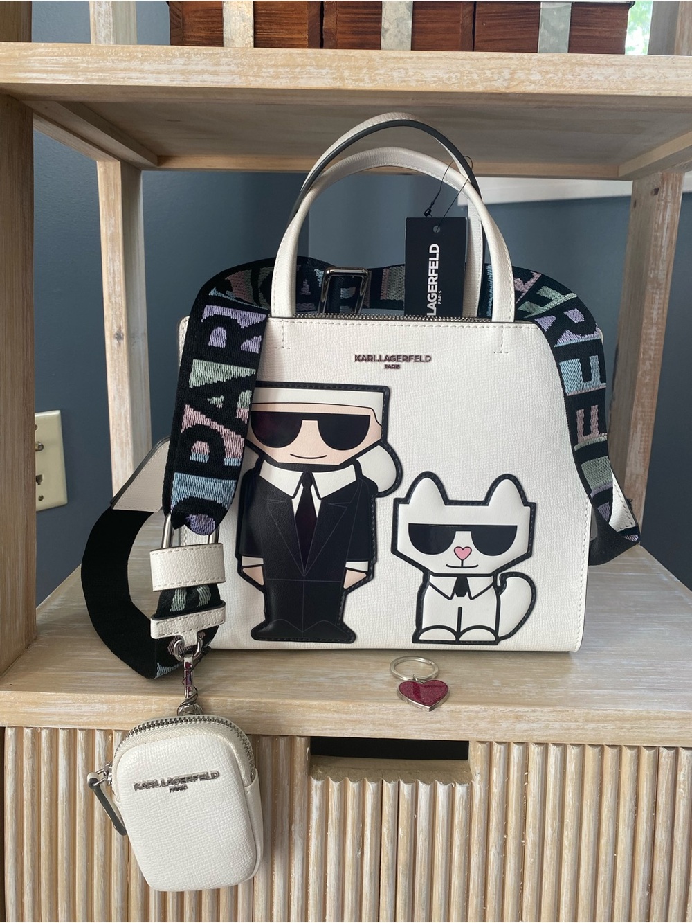 Karl Lagerfeld White Satchel with Cartoon Karl & Cat Appliqués